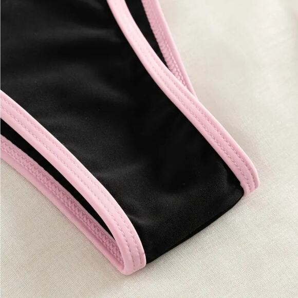 Black String Bikini Set w/Pink Contrast Trim Small - Picture 3 of 5